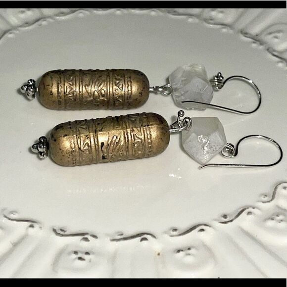 HANDCRAFTED boho chunk moonstone & brass tubal beads earrings - Picture 2 of 8
